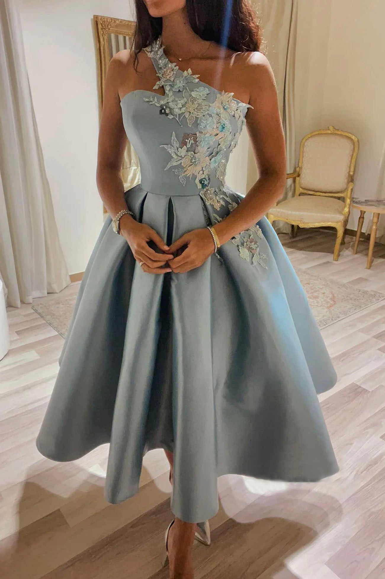 Cute One Shoulder Satin Lace Short Classy Prom Dress, A-Line Party Dress Main image