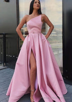 A-line One-Shoulder Long/Floor-Length Satin Prom Dresses With Pockets Waistband Split