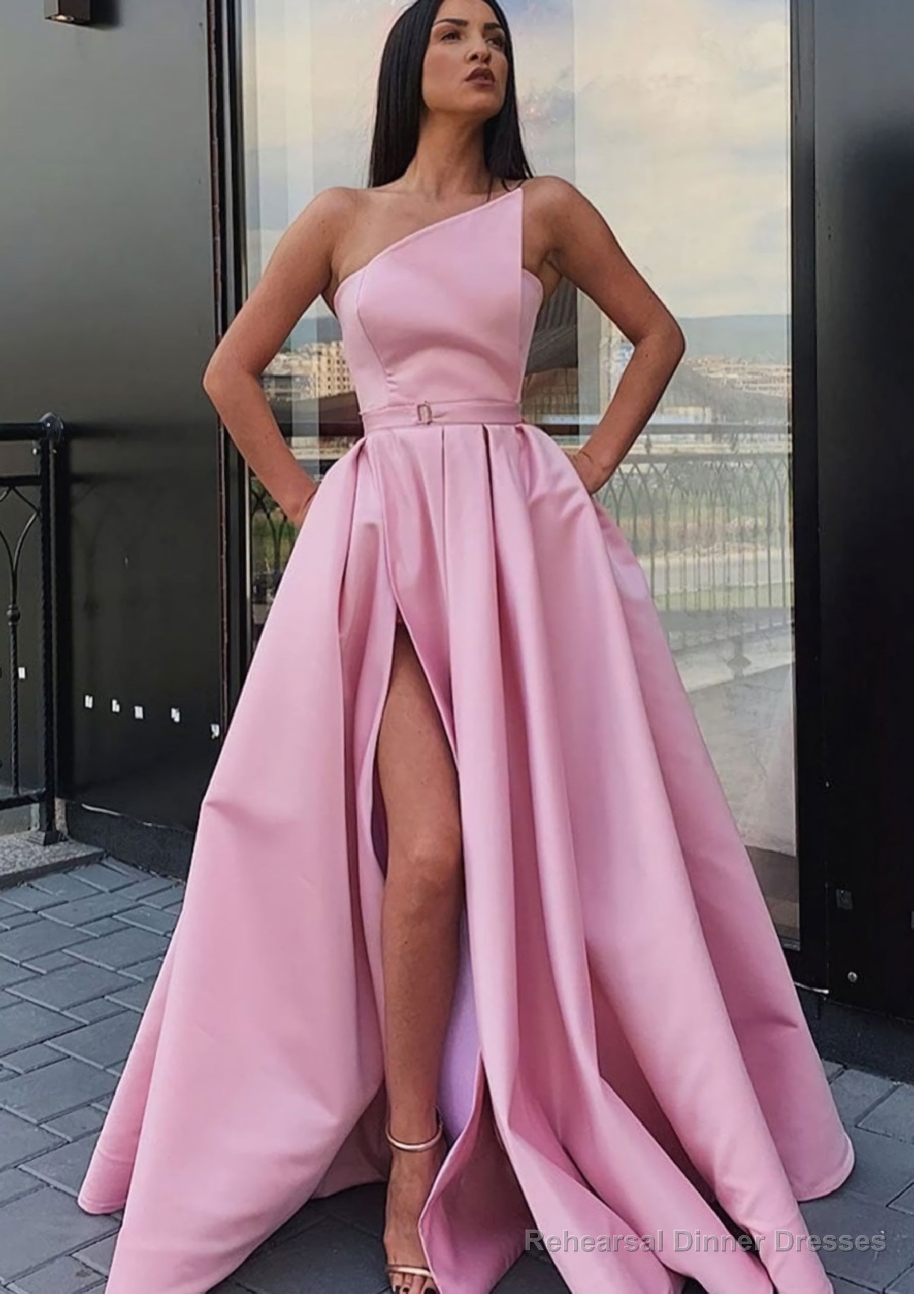 A-line One-Shoulder Long/Floor-Length Satin Prom Dresses With Pockets Waistband Split
