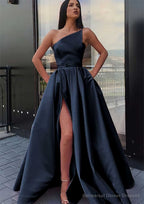A-line One-Shoulder Long/Floor-Length Satin Prom Dresses With Pockets Waistband Split