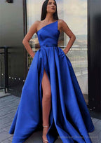 A-line One-Shoulder Long/Floor-Length Satin Prom Dresses With Pockets Waistband Split