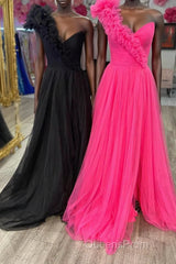 A-Line One Shoulder Long Tulle Evening Prom Dress with Ruffles