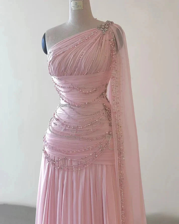 A Line One Shoulder Pink Chiffon Classy Evening Gown Classy Prom Dress (For Sue Nardi)