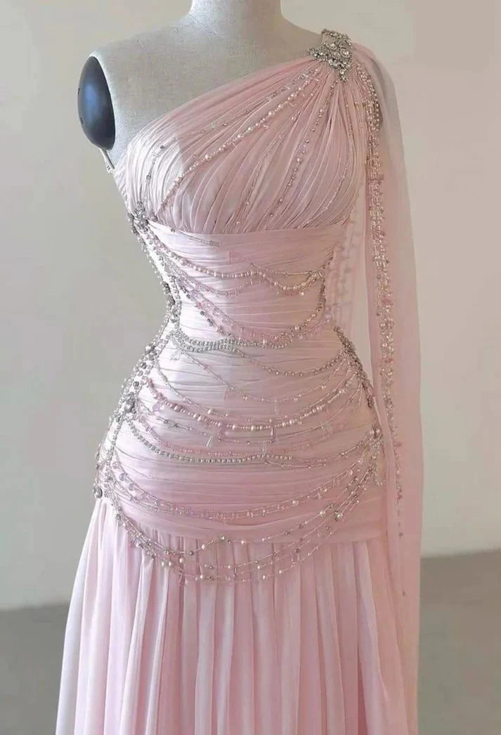 A Line One Shoulder Pink Chiffon Classy Evening Gown Classy Prom Dress (For Sue Nardi)
