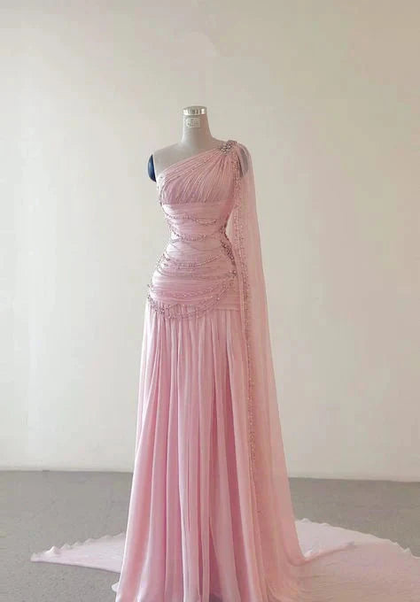 A Line One Shoulder Pink Chiffon Classy Evening Gown Classy Prom Dress (For Sue Nardi) Main image