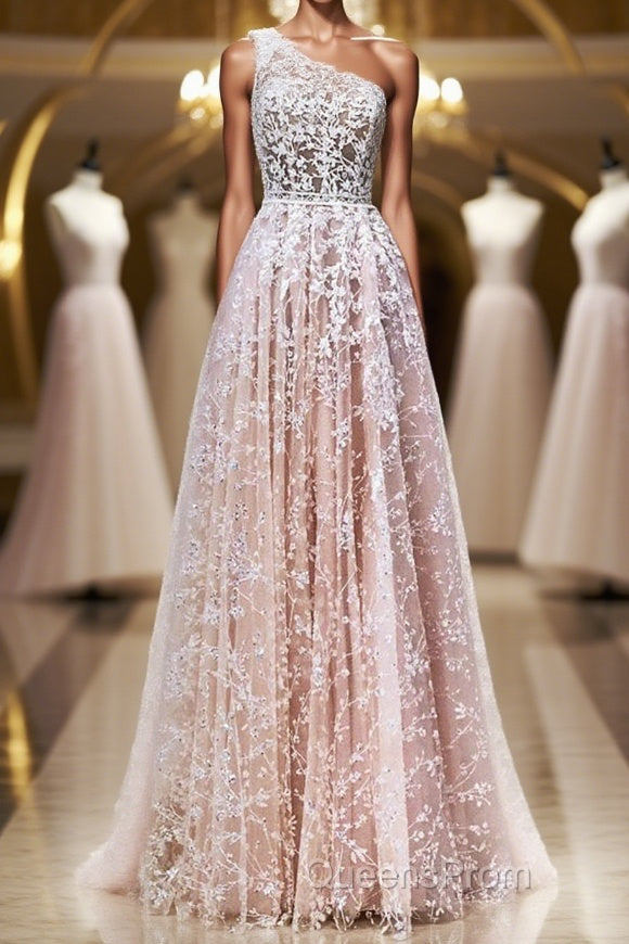 A Line One Shoulder Pink Lace Long Evening Prom Dress, Pink Lace Formal Dress, Pink Evening Dress Main image