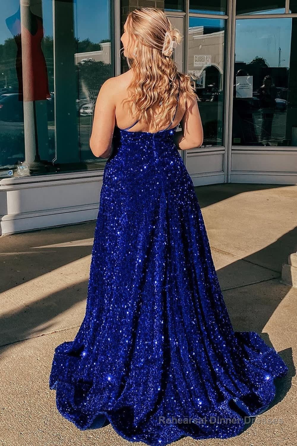 A Line One Shoulder Royal Blue Sequins Long Prom Dress Secondary image