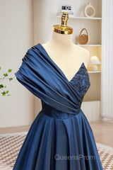 A-Line One Shoulder Satin Beads Dark Blue Long Evening Prom Dress, Blue Long Evening Dress