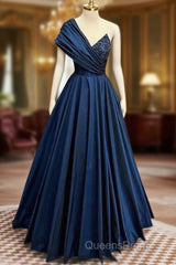 A-Line One Shoulder Satin Beads Dark Blue Long Evening Prom Dress, Blue Long Evening Dress