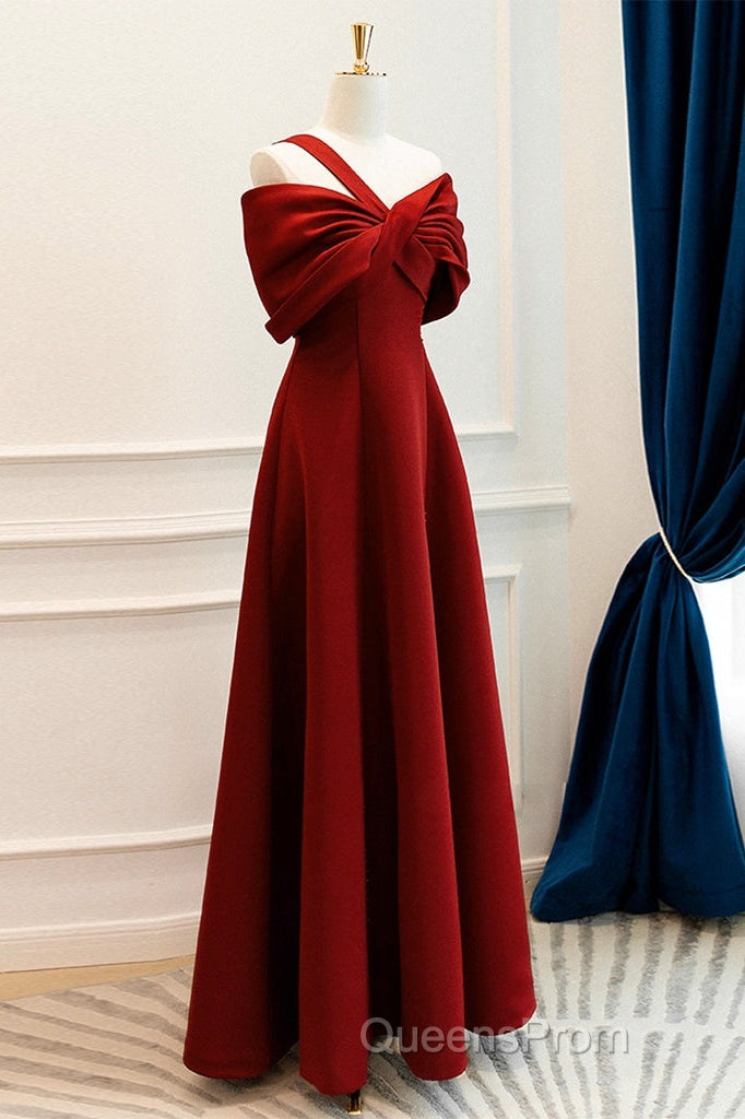 A-Line One Shoulder Satin Burgundy Long Evening Prom Dress, Burgundy Long Formal Dress Secondary image