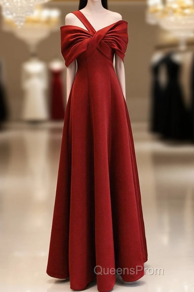 A-Line One Shoulder Satin Burgundy Long Evening Prom Dress, Burgundy Long Formal Dress Main image
