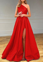 A-line One-Shoulder Satin Prom Dresses With Pleated Split
