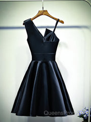 A Line One Shoulder Short Black Evening Prom Dress, Short Black One Shoulder Formal Graduation Dress