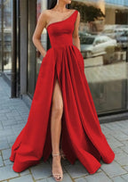 A-line One-Shoulder Sleeveless Long/Floor-Length Satin Prom Dresses With Ruffles Split