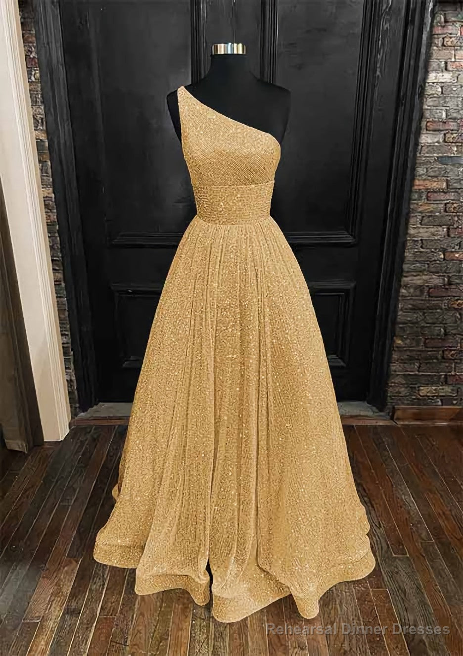 A-line One-Shoulder Sleeveless Long/Floor-Length Sequined Prom Dresses With Pockets