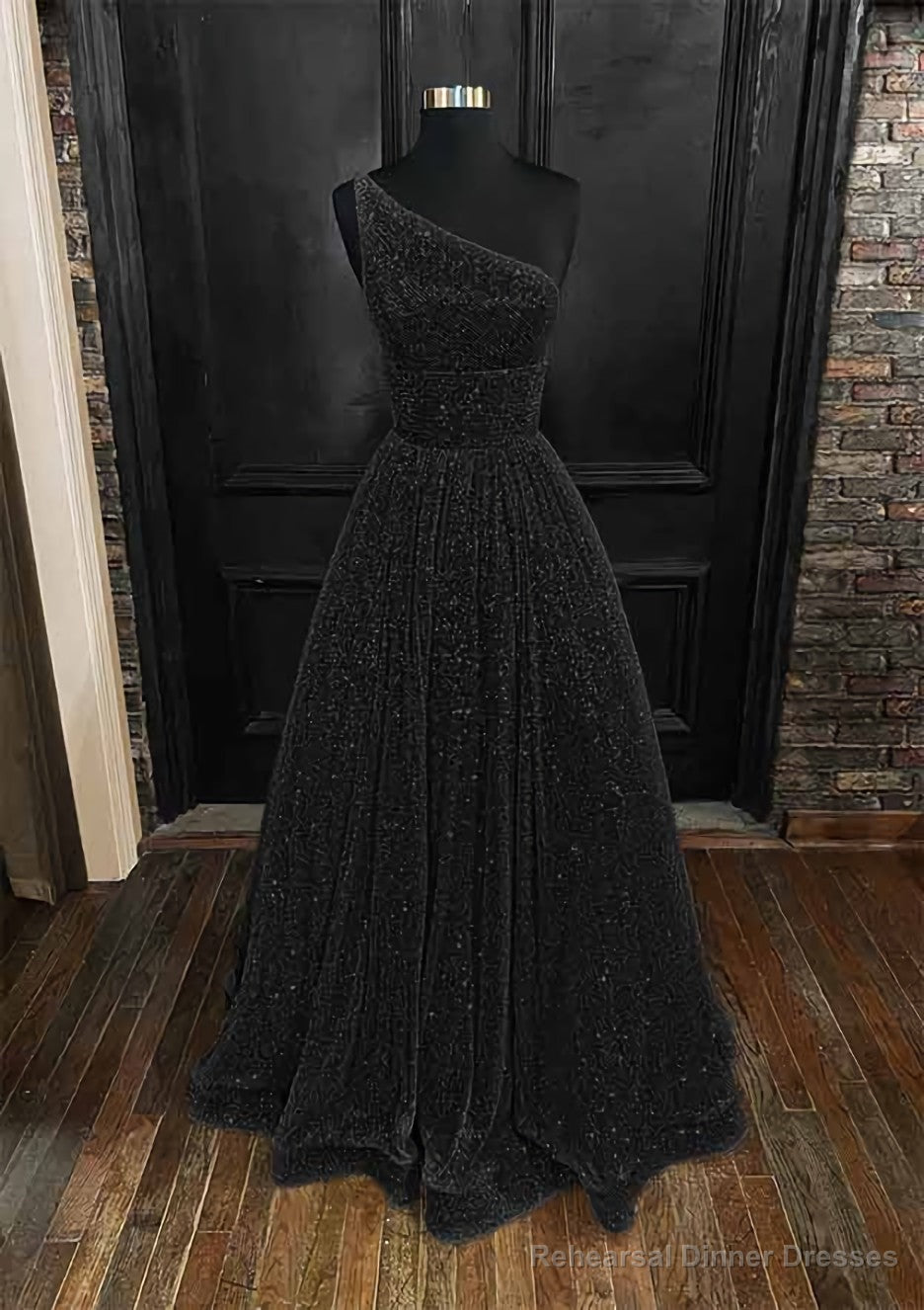 A-line One-Shoulder Sleeveless Long/Floor-Length Sequined Prom Dresses With Pockets