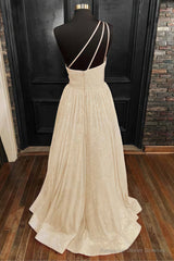 A-line One-Shoulder Sleeveless Long/Floor-Length Sequined Prom Dresses With Pockets