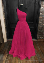 A-line One-Shoulder Sleeveless Long/Floor-Length Sequined Prom Dresses With Pockets