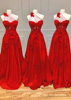 A-line One-Shoulder Sleeveless Long/Floor-Length Tulle Prom Dresses with Appliqued Split