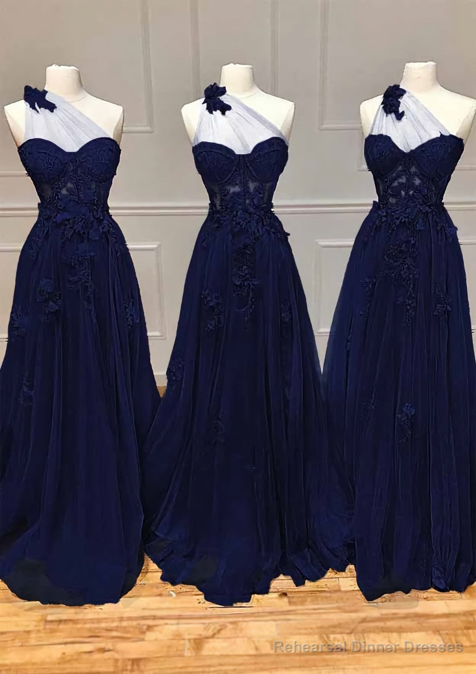 A-line One-Shoulder Sleeveless Long/Floor-Length Tulle Prom Dresses with Appliqued Split Secondary image