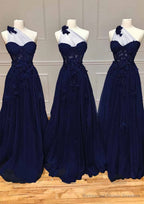 A-line One-Shoulder Sleeveless Long/Floor-Length Tulle Prom Dresses with Appliqued Split