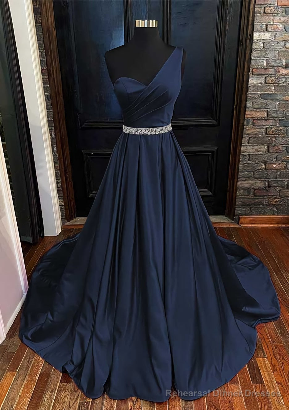 A-line One-Shoulder Sleeveless Satin Long/Floor-Length Prom Dresses With Beading Pleated Secondary image