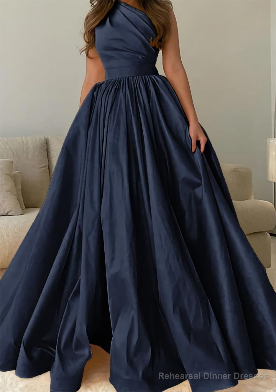 A-line One-Shoulder Sleeveless Sweep Train Satin Prom Dresses with Pleated