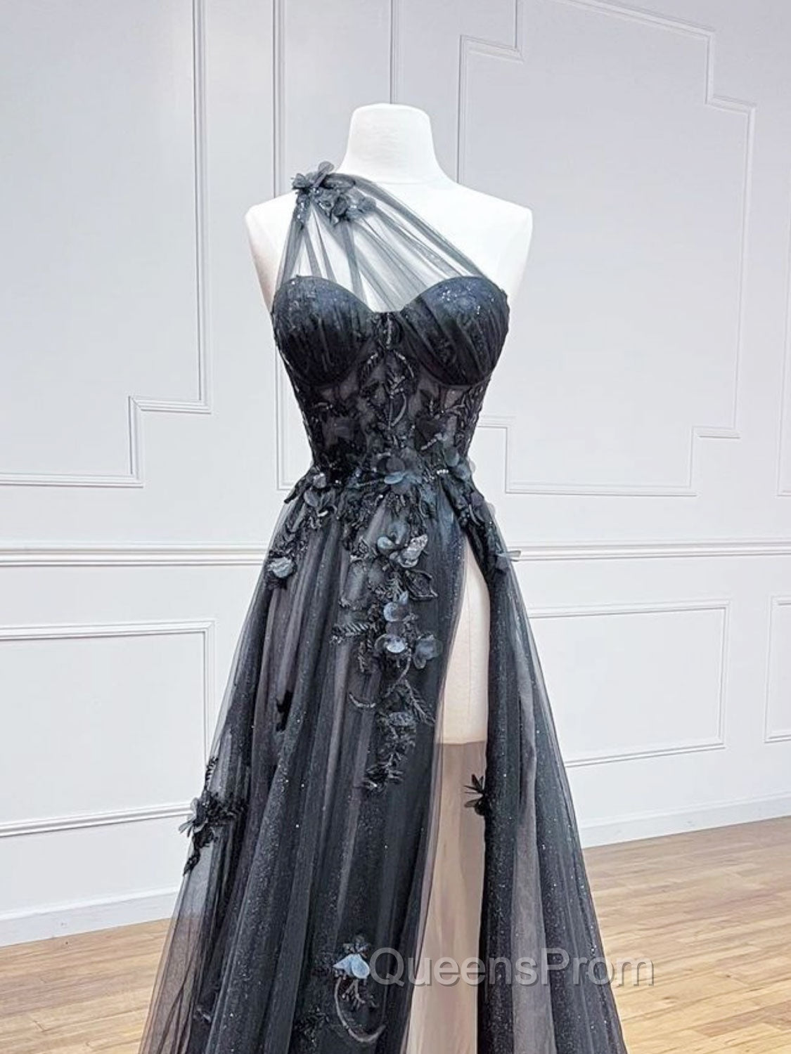 A-Line One Shoulder Tulle Black Long Evening Prom Dress, Black Evening Dress