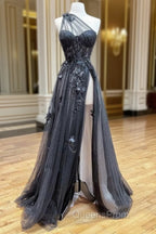 A-Line One Shoulder Tulle Black Long Evening Prom Dress, Black Evening Dress