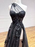 A-Line One Shoulder Tulle Lace Black Classy Prom Dress, Black Long Prom Dress