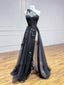 A-Line One Shoulder Tulle Lace Black Classy Prom Dress, Black Long Prom Dress