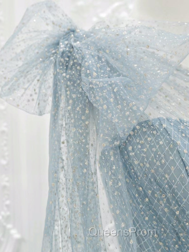 A-Line One Shoulder Tulle Sequin Gray Blue Long Evening Prom Dress, Sequin Long Evening Dress