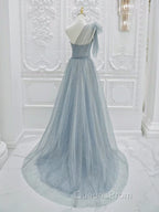 A-Line One Shoulder Tulle Sequin Gray Blue Long Evening Prom Dress, Sequin Long Evening Dress