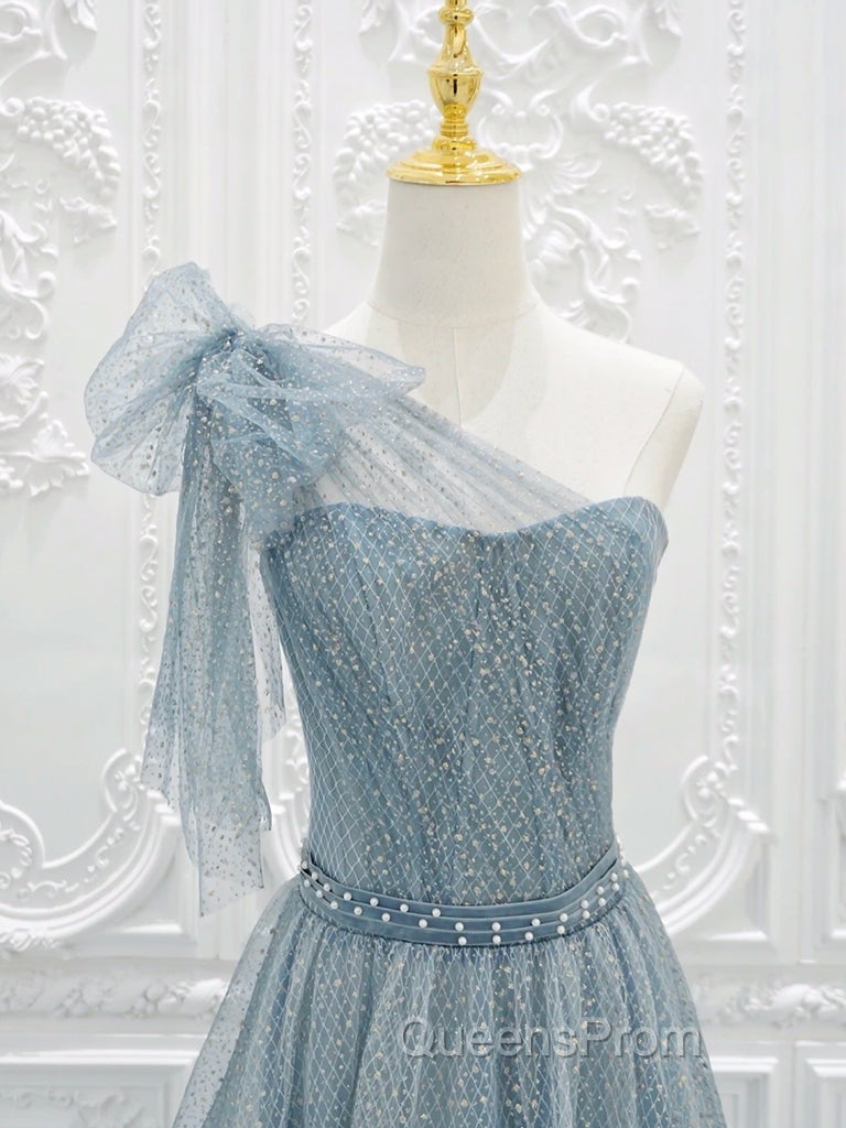 A-Line One Shoulder Tulle Sequin Gray Blue Long Evening Prom Dress, Sequin Long Evening Dress