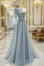 A-Line One Shoulder Tulle Sequin Gray Blue Long Evening Prom Dress, Sequin Long Evening Dress