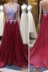 A Line Open Back Lace Burgundy Evening Prom Dress, Burgundy Formal Dress