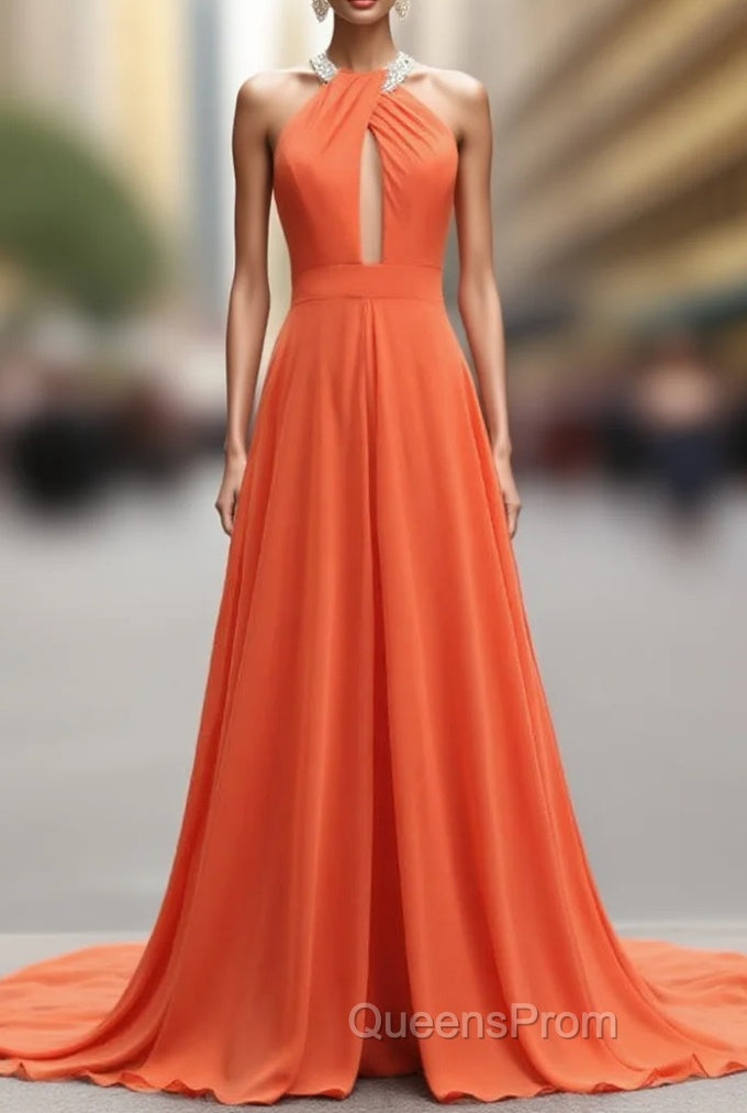 A-Line Orange Chiffon Halter Cut Out Backless Evening Prom Dress
