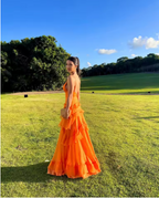 A Line Orange Long Classy Prom Dress V Neck Classy Dress Outfits