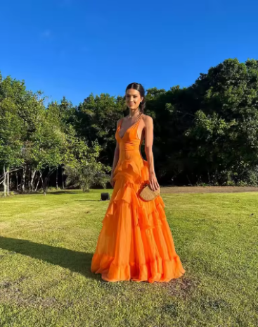 A Line Orange Long Classy Prom Dress V Neck Classy Dress Outfits