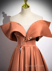 A-Line Orange Satin Beaded Sweetheart Evening Prom Dress, Orange Long Evening Dress