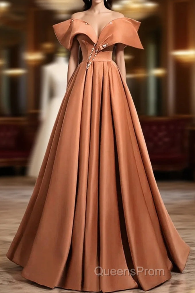A-Line Orange Satin Beaded Sweetheart Evening Prom Dress, Orange Long Evening Dress Main image