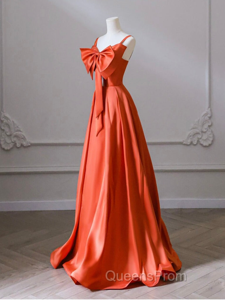 A-Line Orange Satin Long Evening Prom Dress, Orange Long Evening Dress