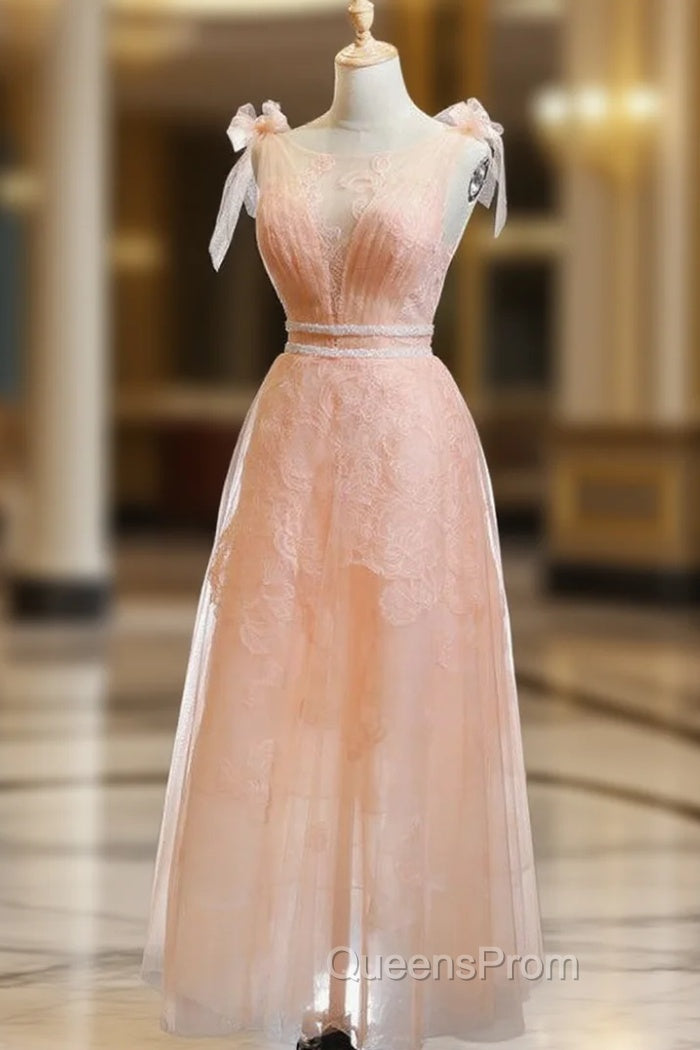 A-Line Orange Tulle Appliques Bateau Pleats Evening Prom Dress With Beading