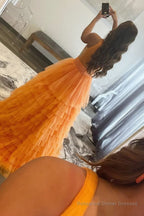 A-line Orange V-Neck Tulle Long Prom Dress