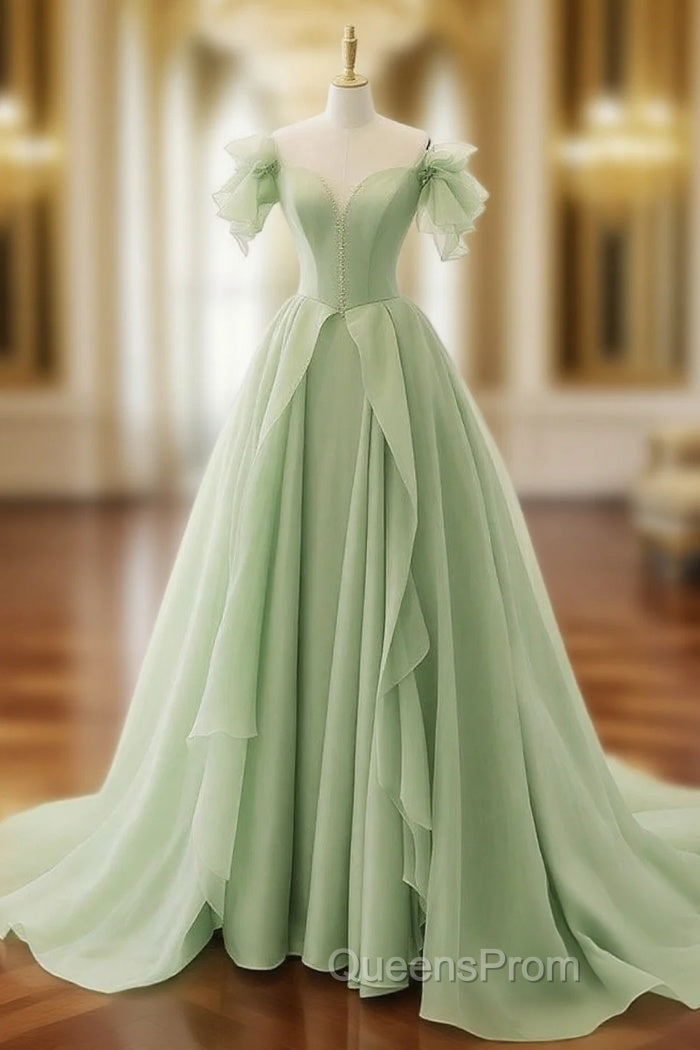 A-Line Organza Green Long Evening Prom Dress, Green Long Graduation Dress Main image