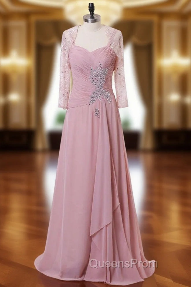 A-line Pink Chiffon Beaded Mother Of The Bride Dress With Jacket