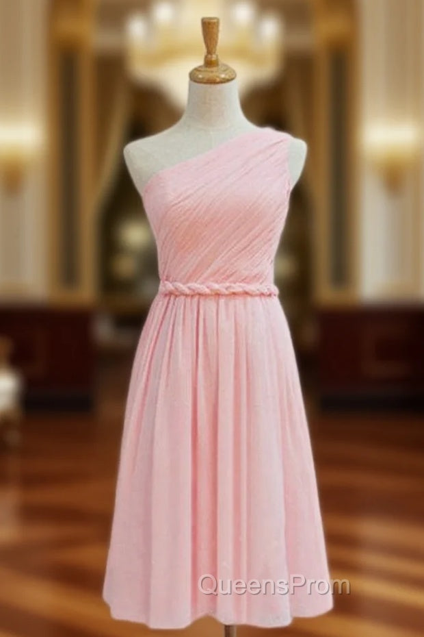 A-Line Pink Chiffon One Shoulder Pleats Short Bridesmaid Dress Main image