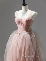 A Line Pink Corset Long Tulle Evening Prom Dress With Ruffles