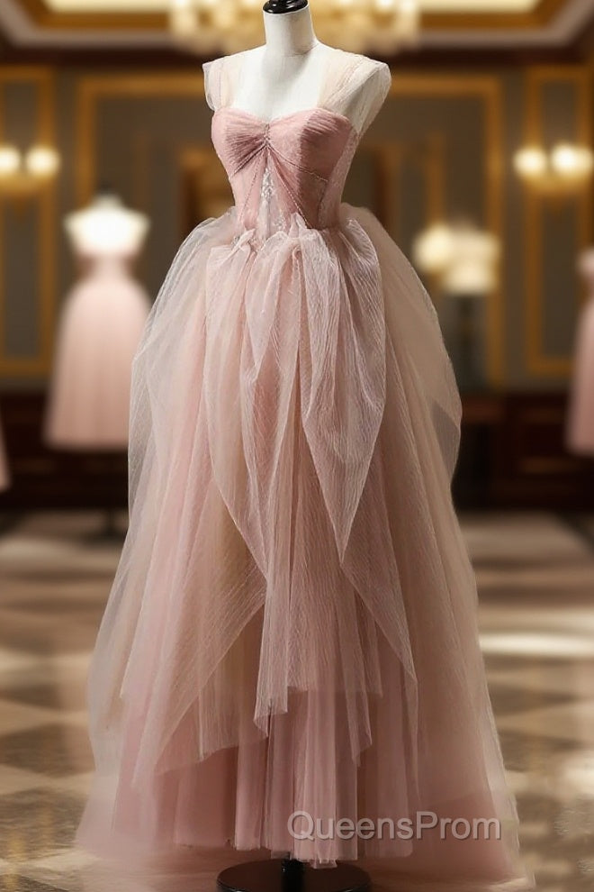 A Line Pink Corset Long Tulle Evening Prom Dress With Ruffles Main image