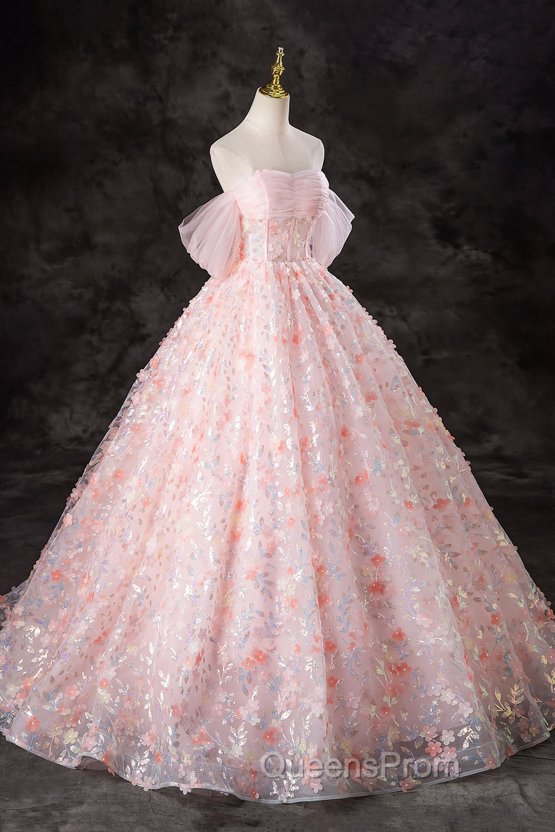 A-Line Pink Flowers Tulle Long Princess Dress, Off the Shoulder Evening Dress Secondary image